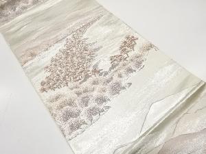 アンティーク　プラチナ二重箔　海辺風景模様織り出し袋帯（着用可）